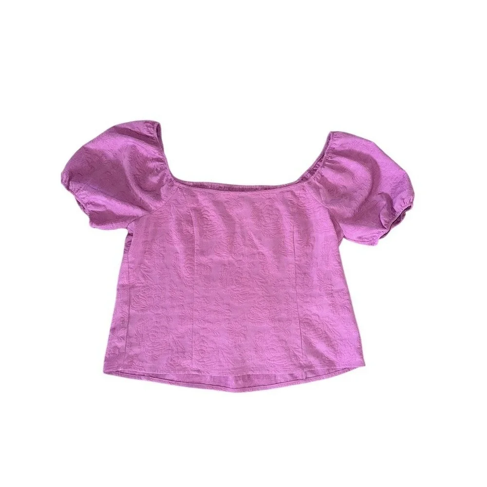 ModCloth‎ Blouse Womens M Purple Floral Jacquard Puff Sleeve Square off shoulder